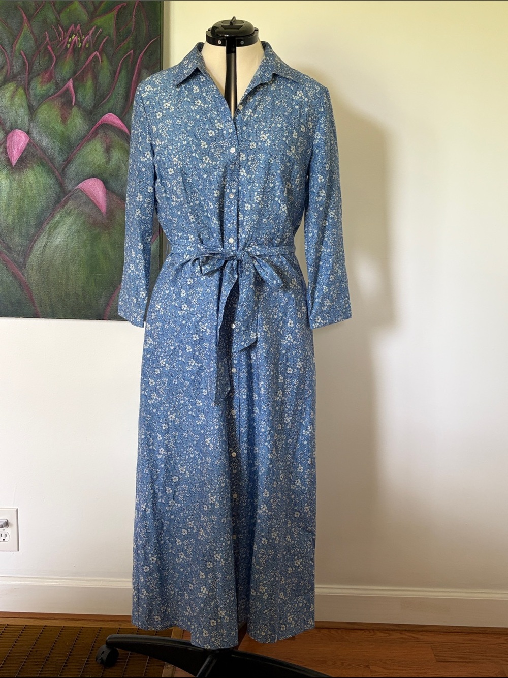 Blue Floral Midi Shirt Dress with Tie Waist